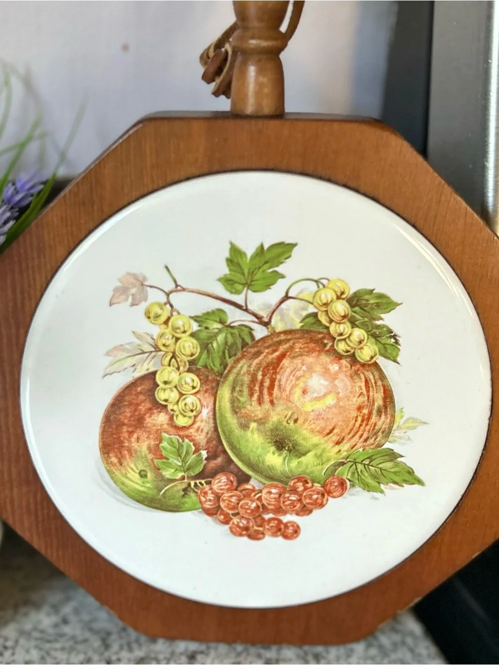 Vintage Wooden Fruit and Veggie Trivet with Design of Apples + Grapes